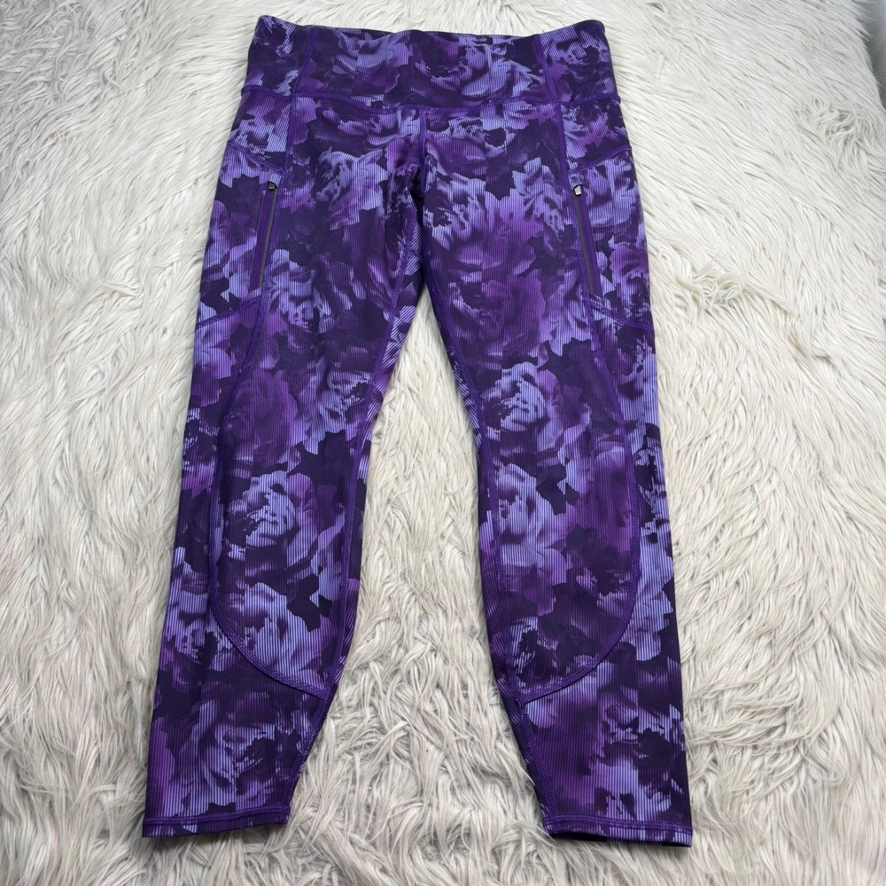 Athleta Women's LP Purple Stripe Floral Rainer Printed Leggings Gym Active Wear